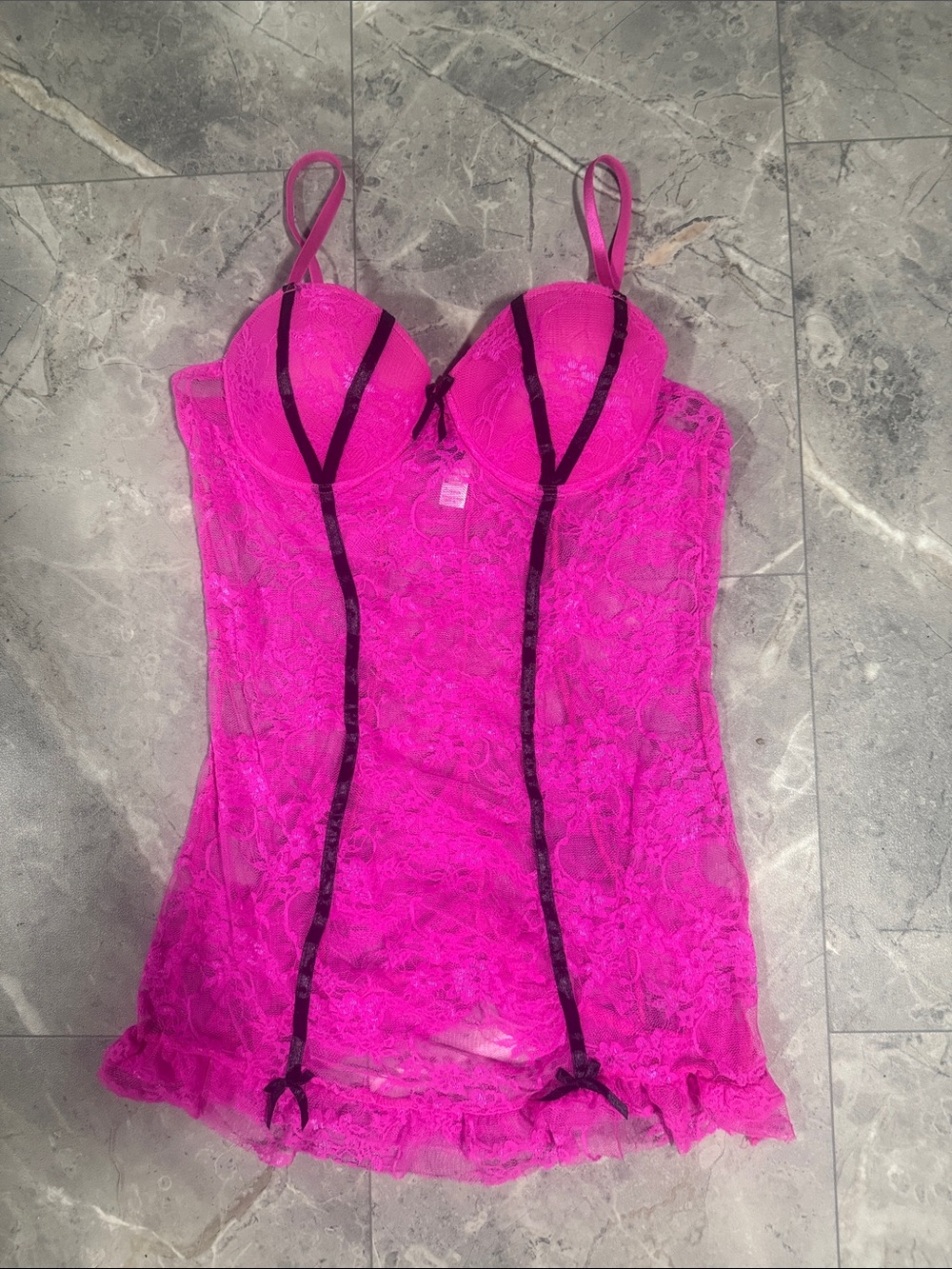 Hot Pink Lace Chemise with Black Trim - Women Intimates